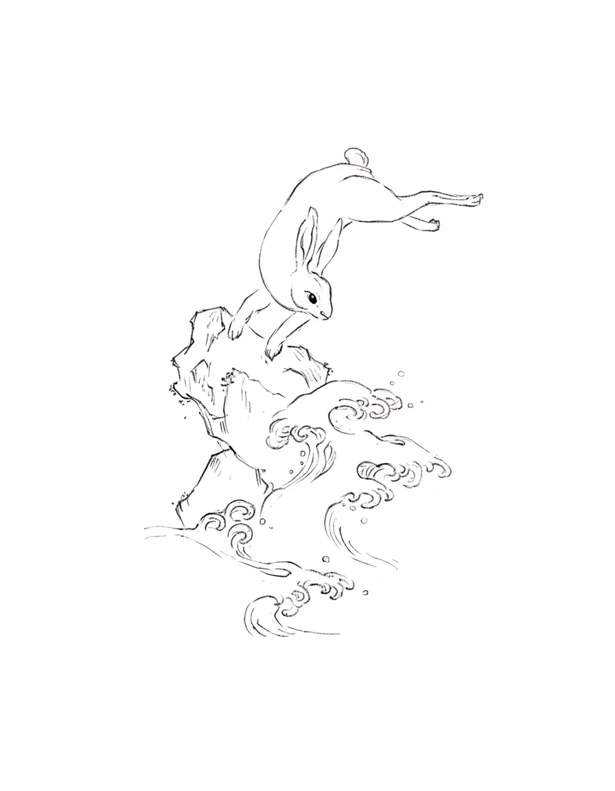 hare leaping over ocean waves, printable coloring page in a Japanese ink style