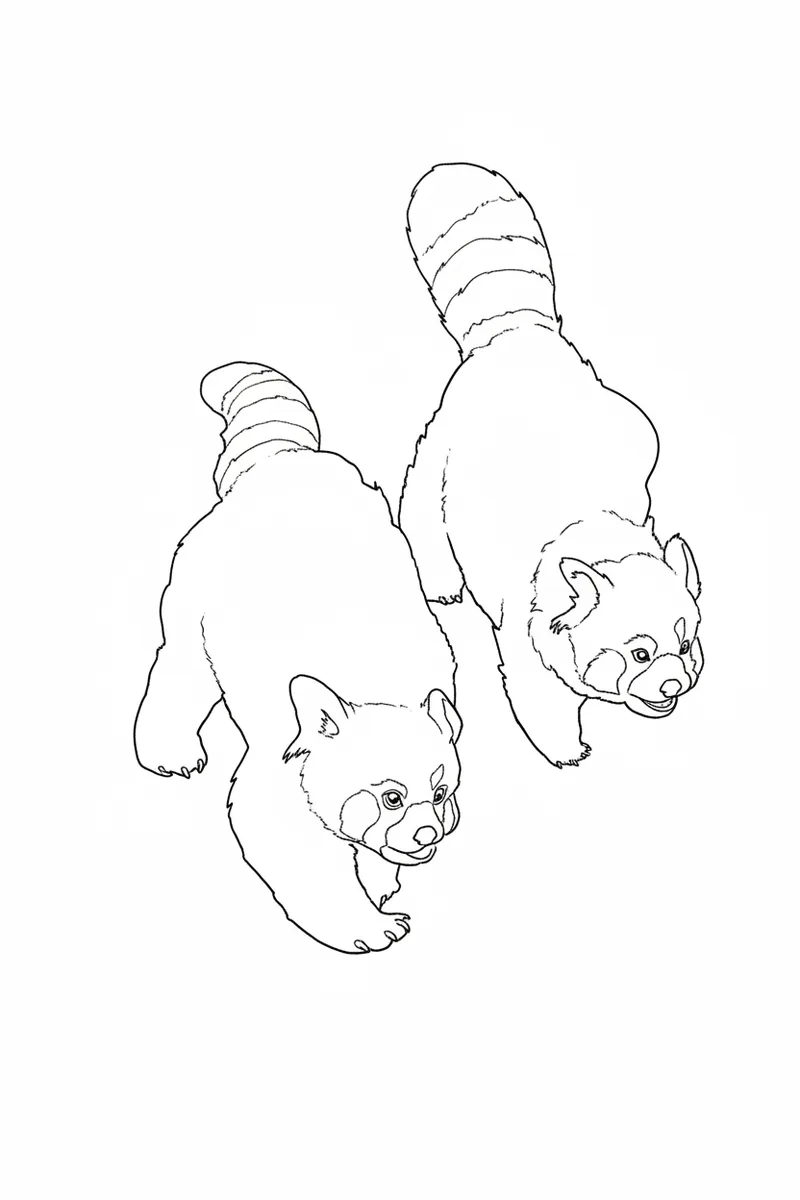 two red pandas walking, clean outline line art converted from an animal photo