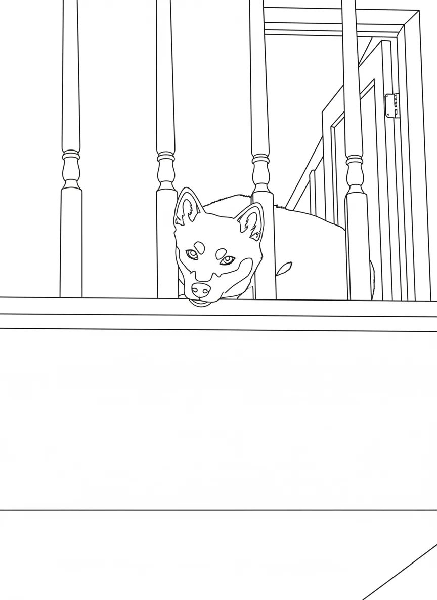 shiba inu peeking through stair railings, dog coloring page with simple outlines