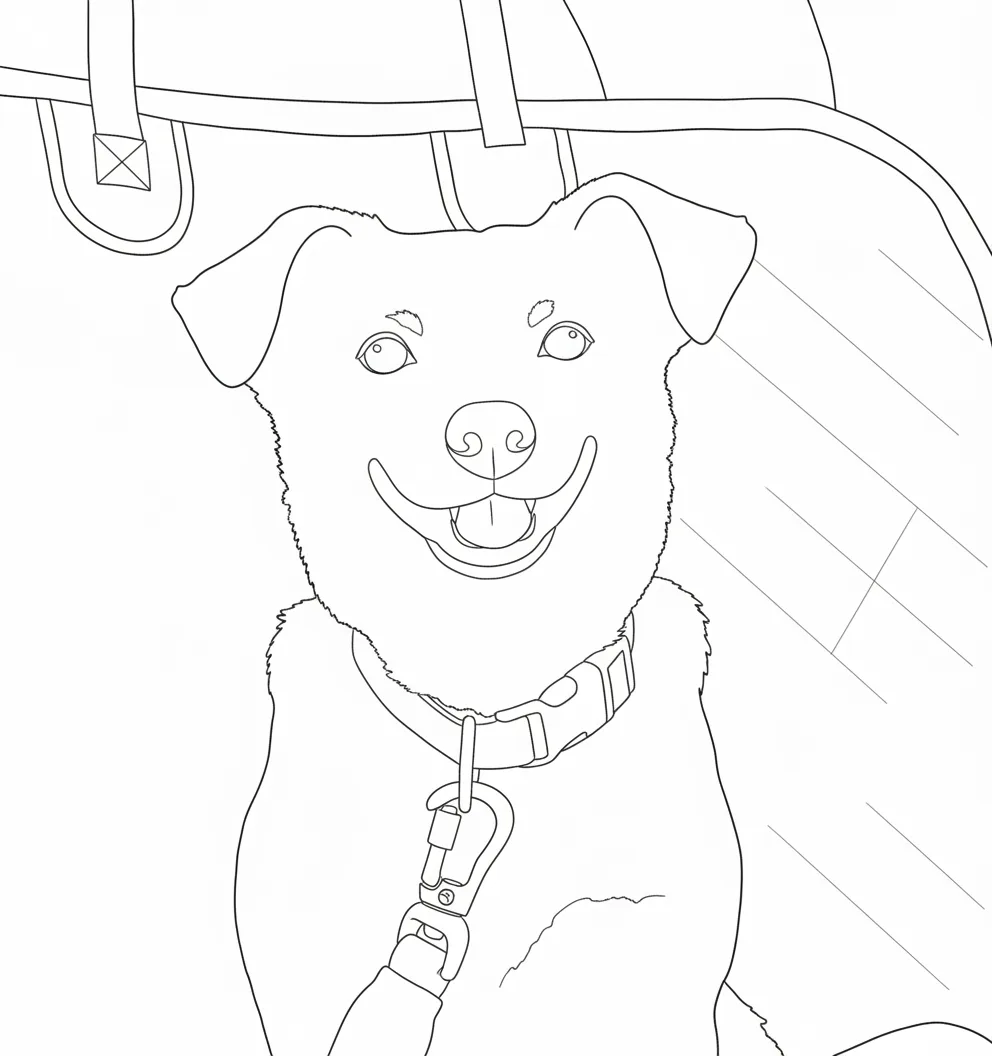 smiling dog on a leash, a pet photo converted into a coloring page